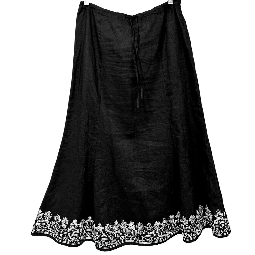 Richard Malcolm Size 8 Black Irish Linen Embroidered Long Skirt Modest Lagenlook